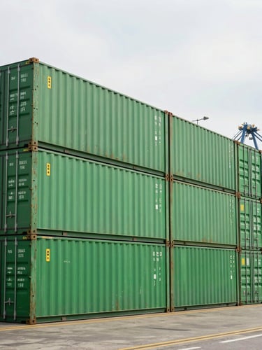 Wide-angle side view of neatly stacked green shipping containers at a modern maritime port under bright overcast daylight, industrial crane in background.