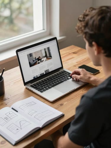 Over-the-shoulder wide shot of a founder at a wooden desk, laptop screen showing a website build in progress, natural daylight from a window to the left, open notebook with sketched wireframes beside the keyboard, warm office environment, no staged props