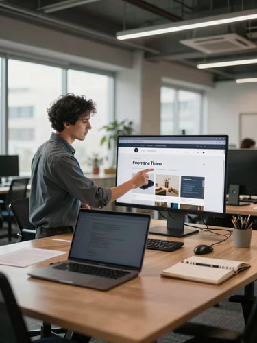 Wide panoramic workspace shot, a founder at a standing desk reviewing a freshly launched website on a large monitor, open floor plan office, natural light from left, laptop and notebook visible in foreground