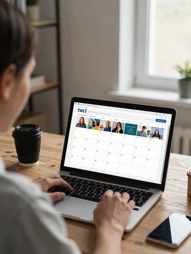 Panoramic over-the-shoulder shot of a small business owner reviewing a finished social media content calendar on a laptop screen, tidy home office setting, soft natural light through a window to the right