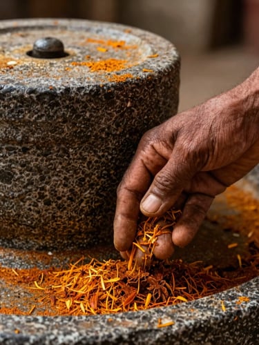 Portrait shot of a weathered hand gently guiding spices into a traditional stone mill, warm side-lighting, shallow depth of field, showcasing texture.