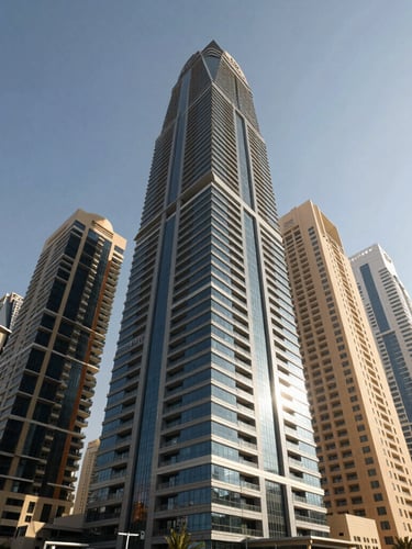 Wide-angle architectural photograph of a modern high-rise in Dubai Marina during bright daylight, showing crisp structural lines and high-contrast shadows.