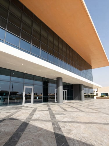 Wide-angle architectural photograph of a modern Dubai office lobby, featuring geometric floor tiling and integrated false ceiling lighting, captured in crisp desert daylight.