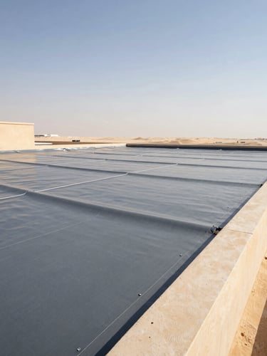 Wide-angle architectural shot of a modern high-rise roof in Dubai under bright desert sunlight, showing a clean, professionally installed grey waterproofing membrane with precise seams.