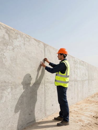 Portrait architectural shot of a professional engineer in high-visibility safety gear inspecting a concrete foundation wall under bright UAE daylight
