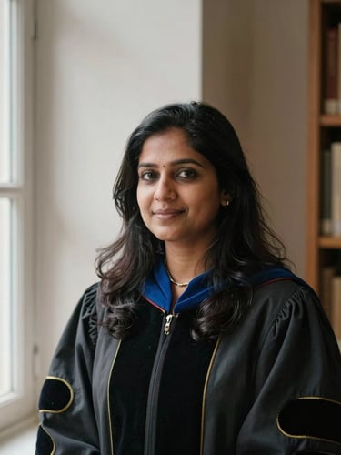 A professional editorial portrait of Dr. Smrity Sonal in a sunlit library, soft natural window light, muted academic tones, shallow depth of field, 35mm