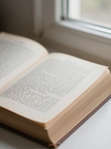 An elegant close-up of vintage printed pages and physical book textures under soft, natural window light, shallow depth of field, 35mm.