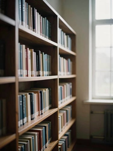 A quiet, sunlit library interior with dark wood bookshelves, soft window light filtering through, shallow depth of field, 35mm.