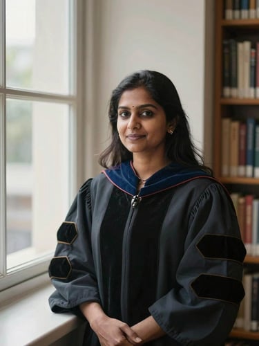 A professional editorial portrait of Dr. Smrity Sonal in a sunlit library, soft natural window light, shallow depth of field, 35mm