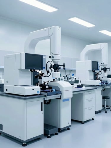 Wide-angle view of a state-of-the-art clean-room laboratory with automated diagnostic equipment under cool sterile lighting, clean blue and white tones