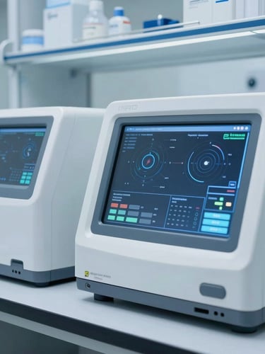 Crisp clinical photography of advanced diagnostic laboratory equipment with high-level data visualization interfaces, cool sterile lighting.