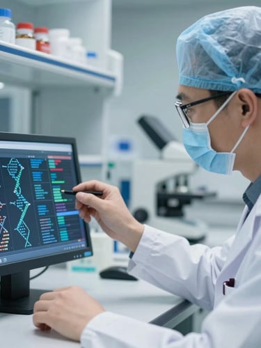 Medium close-up of a clinical researcher in a sterile clean-room analyzing genomic data on a high-contrast interface, cool professional lighting.