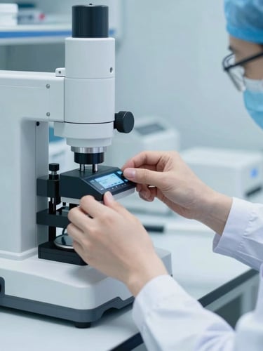 Medium close-up of a clinical researcher in a sterile blue-toned laboratory adjusting a high-precision diagnostic interface, crisp clinical photography, sharp focus