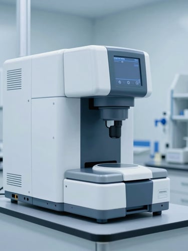 Crisp clinical photography of a high-tech central laboratory facility with automated diagnostic equipment, cool sterile blue lighting, clean white tones, sharp focus.