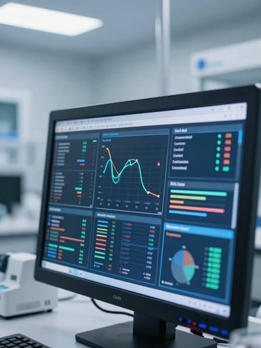 A close-up of a high-tech laboratory interface displaying complex data visualization, cool clinical lighting, sharp focus, professional scientific environment.