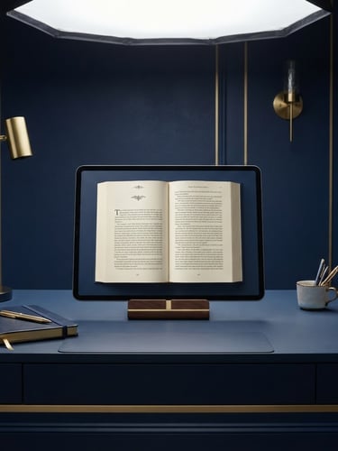 Elegant minimalist reading desk with a modern tablet displaying an open book, soft overhead studio lighting, deep navy background, gold accents, 85mm