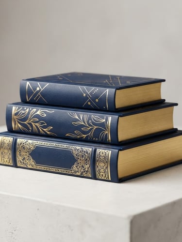 A premium 3D book mockup collection showing three elegant editorial books stacked vertically, deep navy and gold covers, realistic paper textures, soft studio overhead lighting, minimalist background.