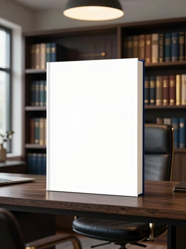 A sophisticated editorial office with bookshelves, a leather chair, soft window lighting, warm gold highlights, professional and serene atmosphere, 85mm