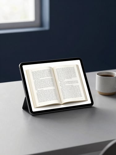 A clean minimalist workspace with a single digital tablet displaying a book layout, a ceramic coffee cup, soft window light