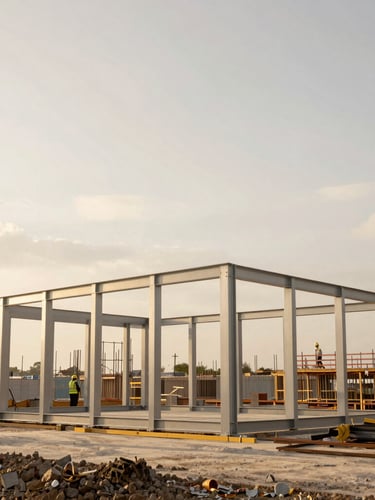 A clean, highly organized construction site with structural steel framing rising against an overcast sky, workers in high-end safety gear visible in the distance.