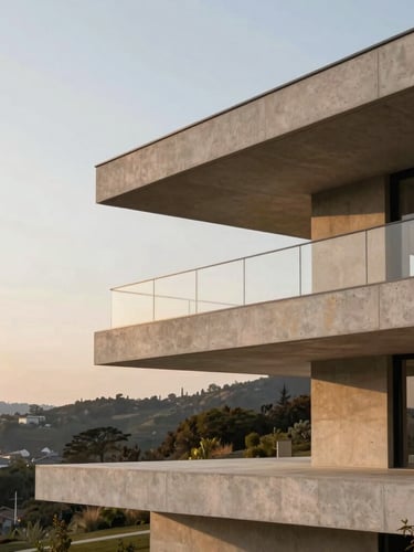Dramatic vertical architectural shot of a modern hillside residence with a massive cantilevered concrete deck, soft late-afternoon golden hour lighting, clean minimalist lines.