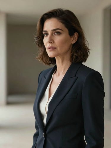 Elegant portrait of Carol Esteves in a minimalist, architectural setting with soft natural light, wearing professional attire, looking off-camera.