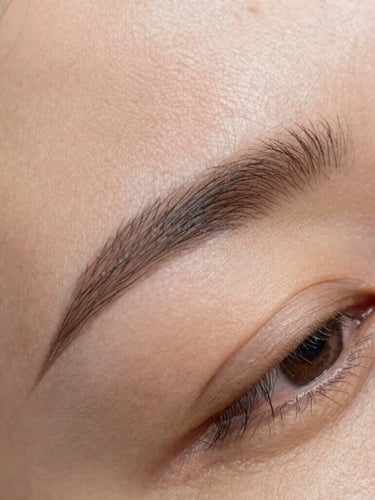 Extreme close-up macro photography of healed skin showing crisp, individual hair strokes of nanoblading. Soft, diffused clinical daylight, focusing on skin texture and microscopic precision. No redness or irritation.