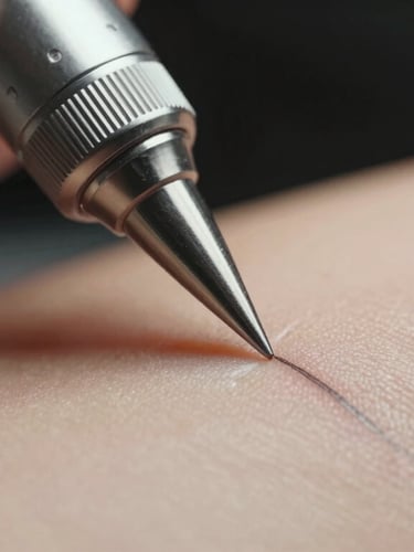 Extreme close-up of a precision nanoblading tool creating a microscopic, crisp stroke on synthetic skin, clinical lighting, sterile environment.