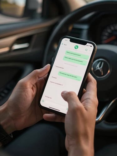 Close-up overhead view of a driver's hands holding a smartphone screen showing a WhatsApp chat window with a short message, warm amber ambient light from a car interior, dark leather seat visible at the edges