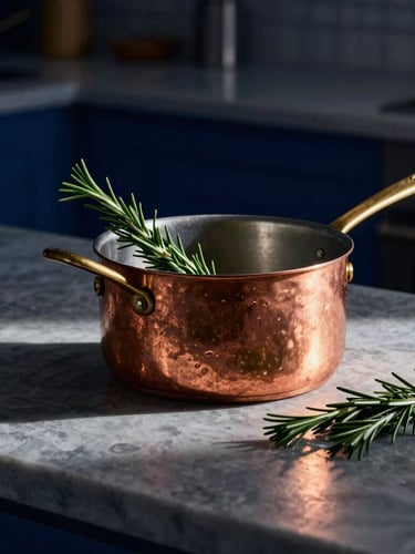 Warm, dramatic side-lighting on a pristine chef's kitchen counter, a copper pot simmering, fresh rosemary sprigs, deep blue shadows, gold highlights.
