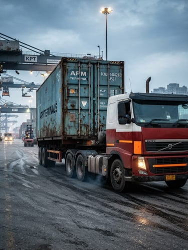 Low-angle shot of a heavy transit truck departing a Karachi port terminal under cool morning light, industrial steel container in focus, high-contrast.