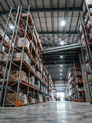 Low-angle architectural shot of a modern Karachi warehouse interior, heavy steel racking systems, crisp industrial lighting, cool steel tones with safety-orange accents, wide-angle 35mm