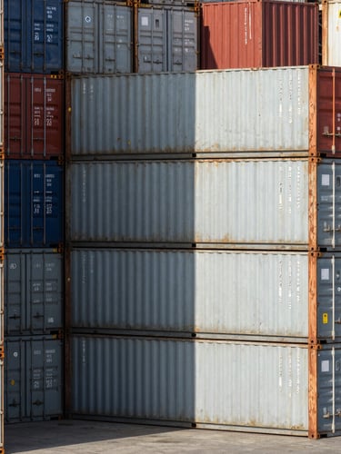Crisp daylight documentary shot of organized cargo containers stacked neatly at a secure Karachi shipping terminal, high-contrast shadows.