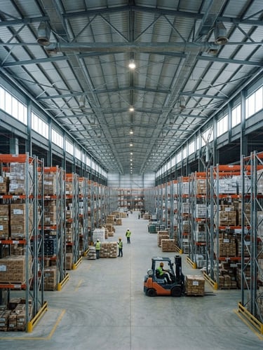 Wide-angle architectural shot of a modern high-ceilinged warehouse interior in Karachi, crisp industrial lighting, organized steel pallet racking, cool daylight streaming from high windows, 35mm documentary style