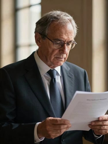 An authoritative advocate in a dark suit reviewing legal papers under dramatic side window lighting, shallow depth of field, 50mm
