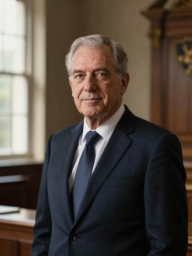 Editorial portrait of a senior advocate in a dark navy suit, confident expression, soft side window light, legal chambers background, shallow depth of field