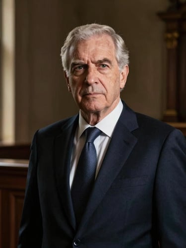 Editorial portrait of a senior advocate in a dark navy suit, serious expression, dramatic side window lighting, deep shadows, classic courtroom chamber background, 50mm