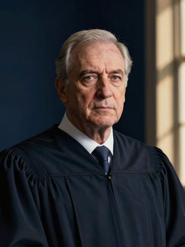 Editorial portrait of a senior advocate in a dark robe, serious expression, dramatic side window lighting, deep navy background, highly professional
