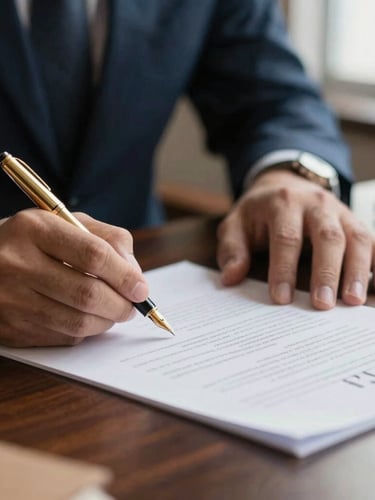 Close-up of hands signing legal documents with a gold fountain pen on a dark oak desk, soft dramatic side lighting, shallow depth of field