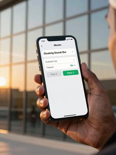Close-up of Somali diaspora businessman holding a mobile phone showing a successful transaction confirmation screen, warm golden hour sunlight reflecting off the glass facade behind him.