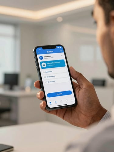 Close-up of Somali diaspora businessman holding a smartphone showing a successful instant transaction confirmation, warm golden hour light, clean modern office background