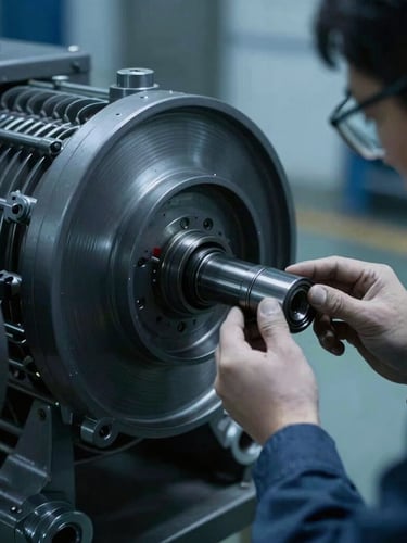 Tight macro shot of a technician in safety gear inspecting a misaligned shaft on a large rotating compressor, cool blue ambient light, high contrast graphite tones, 35mm lens