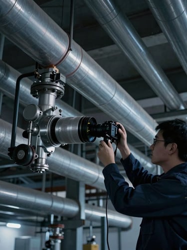 Wide environmental shot of a technician holding an acoustic imaging camera pointing at overhead refinery pipes, high contrast graphite tones, cool blue ambient light