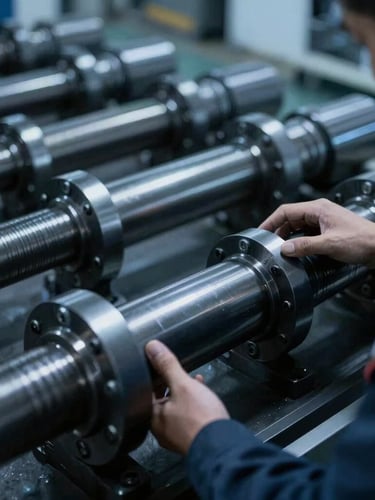 A close-up of a technician analyzing misaligned shafts on a plant floor, high contrast graphite tones, cool blue ambient light