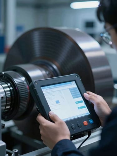 Close-up of a technician analyzing rotating machinery with a high-tech diagnostic tool, industrial background with cool blue tones, high contrast
