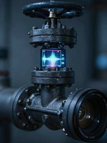 Close-up of a misaligned high-pressure valve with digital acoustic overlay showing gas escaping, cool blue ambient light