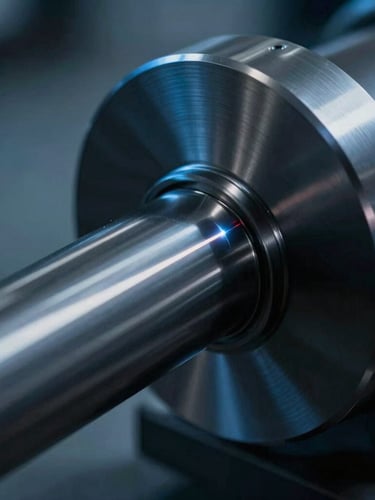 Macro close-up of a high-speed rotating steel shaft, laser alignment guide visible, moody blue ambient lighting, high contrast graphite tones, sharp technical details, 35mm lens
