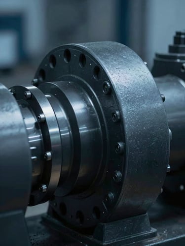 Tight macro shot of industrial rotating equipment, cool blue ambient lighting, high contrast graphite tones, sharp technical details