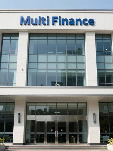 Bright corporate photography of a modern Indonesian multi-finance office facade, clean natural daylight, straight-on eye-level angle, professional and highly legible