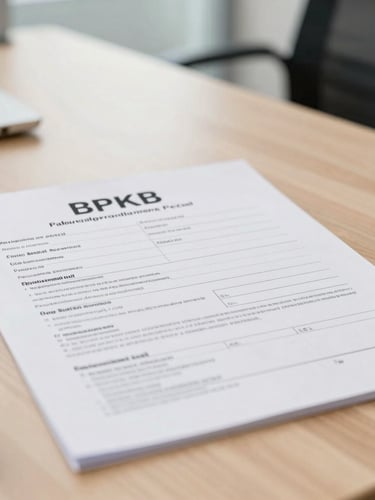 Professional close-up of vehicle registration documents BPKB on a clean wooden desk, bright corporate setting, natural daylight, highly legible